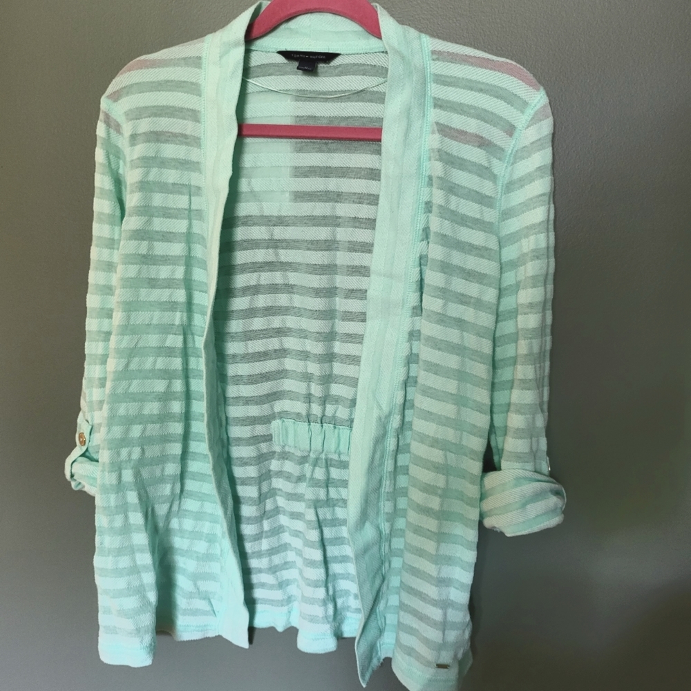 Tommy Hilfiger Light Minty Blue Quarter Sleeve Cardigan, Size Medium